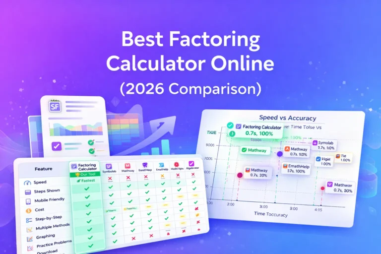 Purple and blue gradient featured image for Best Factoring Calculator Online (2026 Comparison) showing comparison charts, feature matrix, and speed vs accuracy analysis of top factoring calculators.