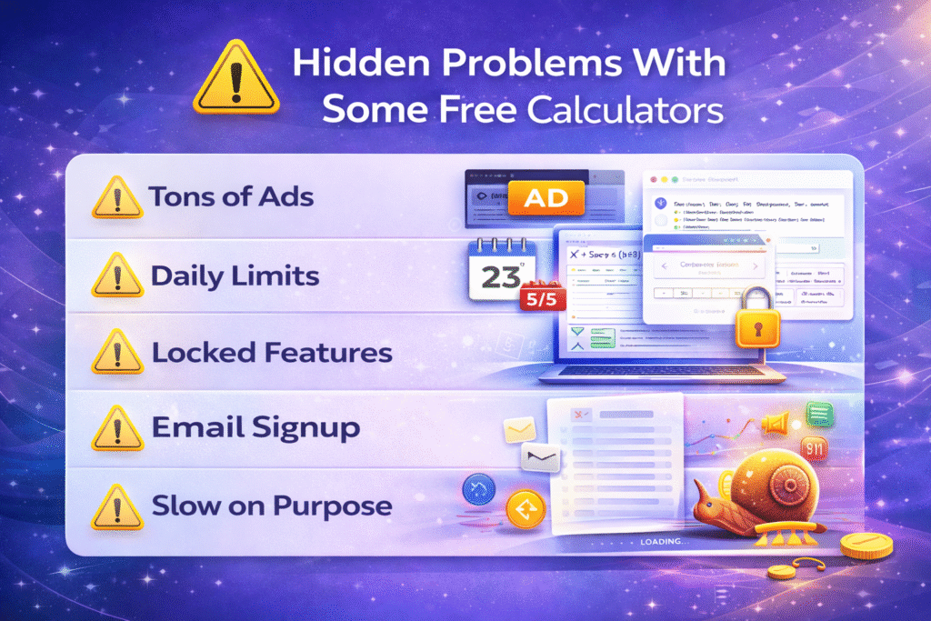 Common problems with some free online calculators like ads, limits, locked steps, and slow speed.
