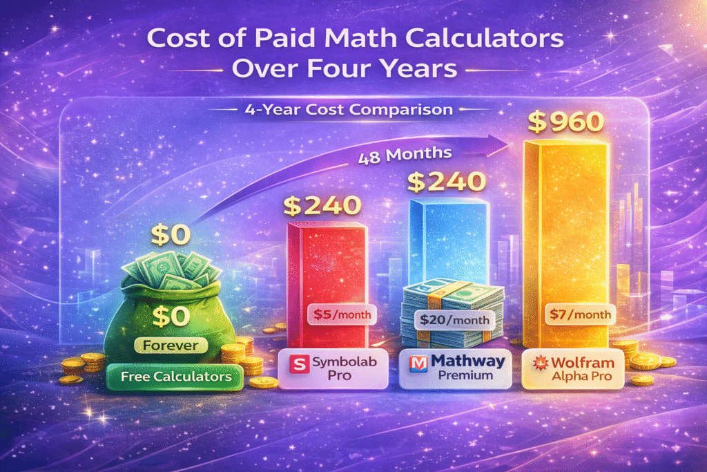 Four year cost comparison chart showing free calculators at $0, Symbolab Pro at $240, Mathway Premium at $960, and Wolfram Alpha Pro at $336.