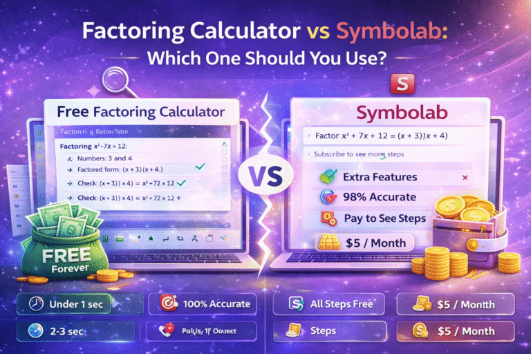 Comparison infographic showing a free factoring calculator vs Symbolab including speed, accuracy, step by step solutions, and $5 monthly cost for Symbolab Pro.